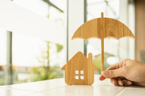 Regenschirm und Haus aus Sperrholz